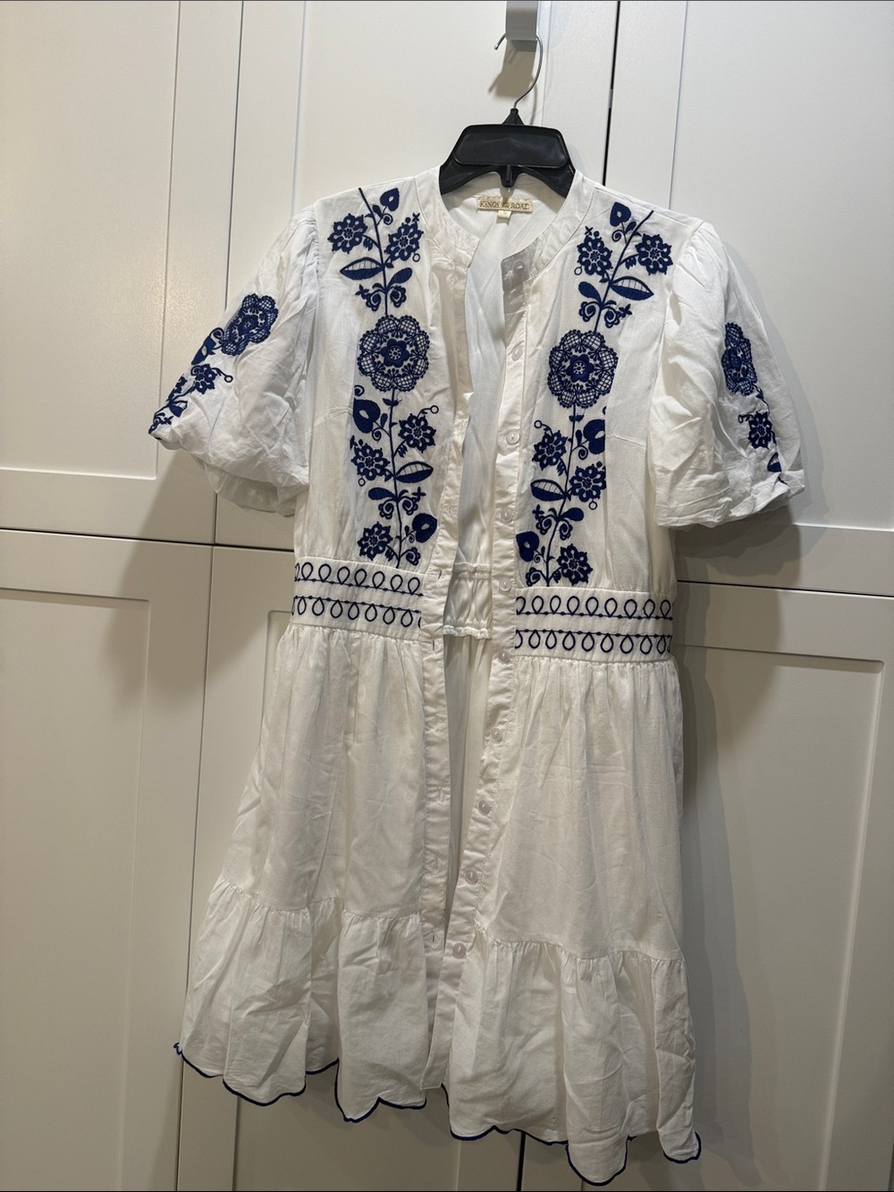 White Dress with Navy Floral Embroidered Detail